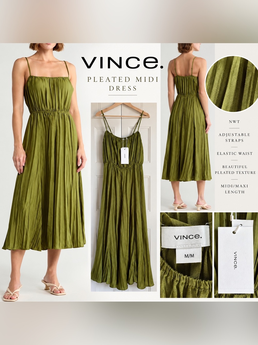 NWT Vince Olive Green Pleated Satin Midi Maxi Dress M